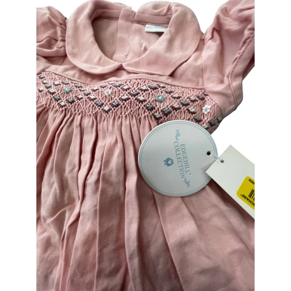 Edgehill Collection Pink Smocked Floral Cotton Dress & Diaper Cover 3M I07